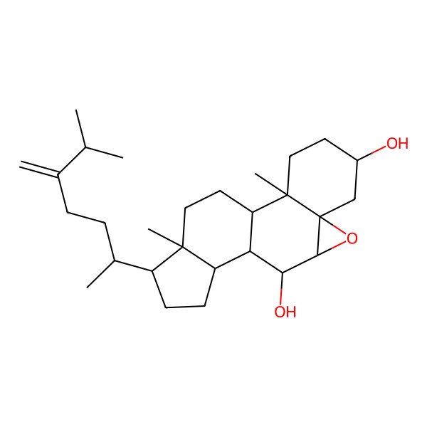 2D Structure of 2,16-Dimethyl-15-(6-methyl-5-methylideneheptan-2-yl)-8-oxapentacyclo[9.7.0.02,7.07,9.012,16]octadecane-5,10-diol