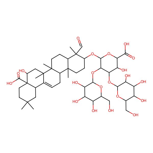 2D Structure of 6-[(8a-Carboxy-4-formyl-8-hydroxy-4,6a,6b,11,11,14b-hexamethyl-1,2,3,4a,5,6,7,8,9,10,12,12a,14,14a-tetradecahydropicen-3-yl)oxy]-3-hydroxy-4,5-bis[[3,4,5-trihydroxy-6-(hydroxymethyl)oxan-2-yl]oxy]oxane-2-carboxylic acid
