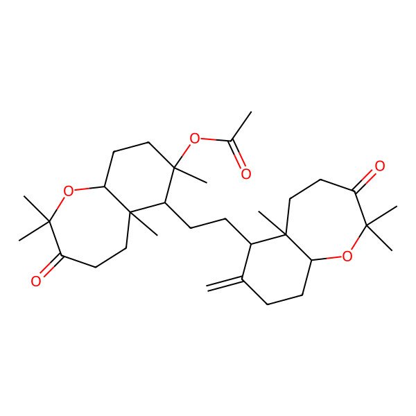 2D Structure of [6-[2-(2,2,5a-Trimethyl-7-methylidene-3-oxo-4,5,6,8,9,9a-hexahydrobenzo[b]oxepin-6-yl)ethyl]-2,2,5a,7-tetramethyl-3-oxo-4,5,6,8,9,9a-hexahydrobenzo[b]oxepin-7-yl] acetate