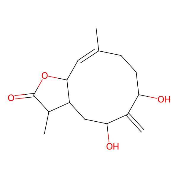 2D Structure of (3R,3aR,5R,7S,10E,11aR)-5,7-dihydroxy-3,10-dimethyl-6-methylidene-3,3a,4,5,7,8,9,11a-octahydrocyclodeca[b]furan-2-one