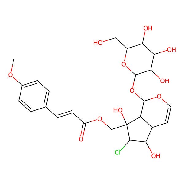 2D Structure of [6-chloro-5,7-dihydroxy-1-[3,4,5-trihydroxy-6-(hydroxymethyl)oxan-2-yl]oxy-4a,5,6,7a-tetrahydro-1H-cyclopenta[c]pyran-7-yl]methyl 3-(4-methoxyphenyl)prop-2-enoate