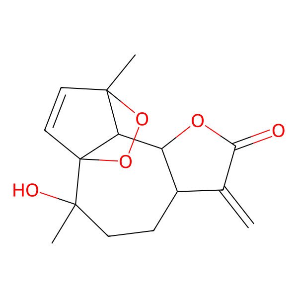 2D Structure of (1R,2R,5S,9S,10S,11S)-2-hydroxy-2,11-dimethyl-6-methylidene-8,12,13-trioxatetracyclo[9.2.2.01,10.05,9]pentadec-14-en-7-one