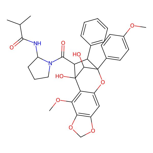 2D Structure of N-[(2S)-1-[(1R,12R,13R,14S,15S)-1,15-dihydroxy-3-methoxy-12-(4-methoxyphenyl)-13-phenyl-5,7,11-trioxatetracyclo[10.2.1.02,10.04,8]pentadeca-2,4(8),9-triene-14-carbonyl]pyrrolidin-2-yl]-2-methylpropanamide