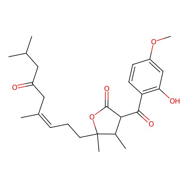 2D Structure of (3R,4S,5R)-5-[(E)-4,8-dimethyl-6-oxonon-3-enyl]-3-(2-hydroxy-4-methoxybenzoyl)-4,5-dimethyloxolan-2-one
