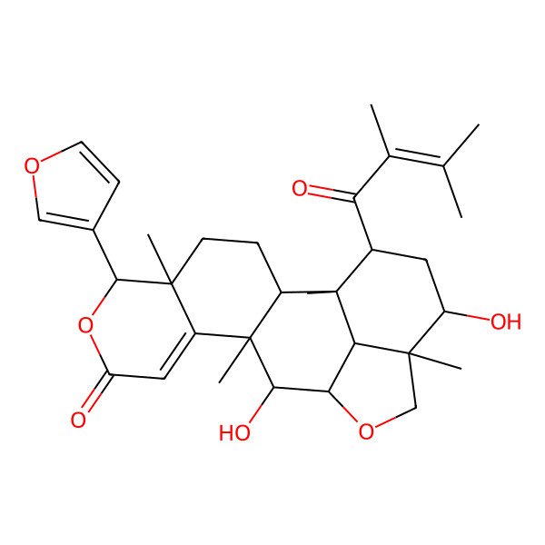 2D Structure of (1R,2R,5R,6R,11R,12S,13R,16R,17R,19S,20R)-19-(2,3-dimethylbut-2-enoyl)-6-(furan-3-yl)-12,17-dihydroxy-1,5,11,16-tetramethyl-7,14-dioxapentacyclo[11.6.1.02,11.05,10.016,20]icos-9-en-8-one
