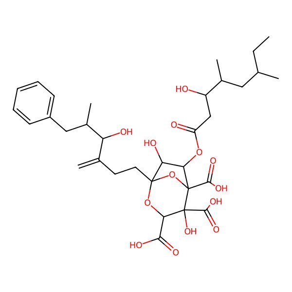 2D Structure of 4,7-Dihydroxy-6-(3-hydroxy-4,6-dimethyloctanoyl)oxy-1-(4-hydroxy-5-methyl-3-methylidene-6-phenylhexyl)-2,8-dioxabicyclo[3.2.1]octane-3,4,5-tricarboxylic acid