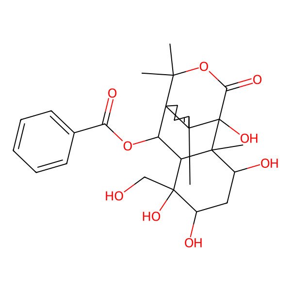 2D Structure of [4,5,7,9-Tetrahydroxy-4-(hydroxymethyl)-8,11,14,14-tetramethyl-16-oxo-15-oxatetracyclo[7.4.3.01,10.03,8]hexadec-10-en-2-yl] benzoate