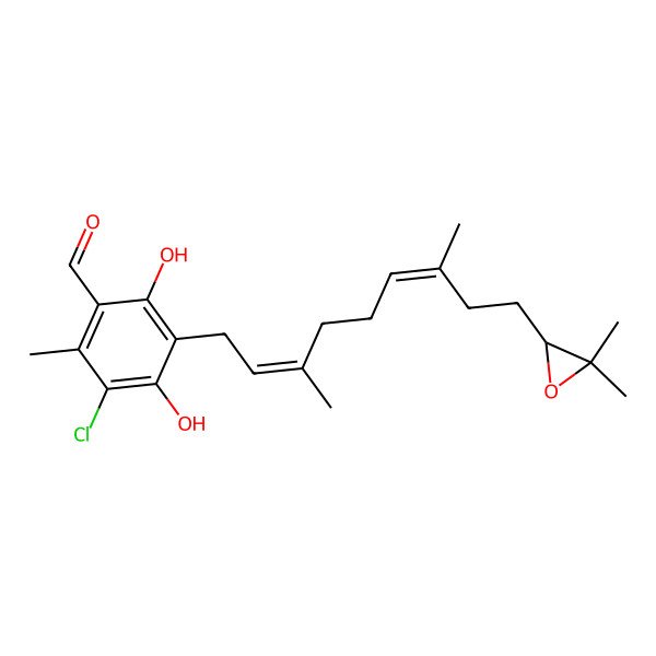 2D Structure of 5-Chloro-3-[9-(3,3-dimethyloxiran-2-yl)-3,7-dimethylnona-2,6-dienyl]-2,4-dihydroxy-6-methylbenzaldehyde