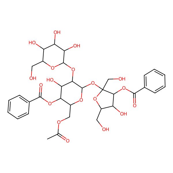 2D Structure of [2-(Acetyloxymethyl)-6-[3-benzoyloxy-4-hydroxy-2,5-bis(hydroxymethyl)oxolan-2-yl]oxy-4-hydroxy-5-[3,4,5-trihydroxy-6-(hydroxymethyl)oxan-2-yl]oxyoxan-3-yl] benzoate