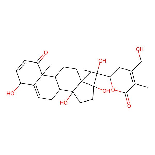 2D Structure of (2R)-4-(hydroxymethyl)-2-[(1S)-1-hydroxy-1-[(4S,8R,9S,10R,13S,14R,17S)-4,14,17-trihydroxy-10,13-dimethyl-1-oxo-4,7,8,9,11,12,15,16-octahydrocyclopenta[a]phenanthren-17-yl]ethyl]-5-methyl-2,3-dihydropyran-6-one