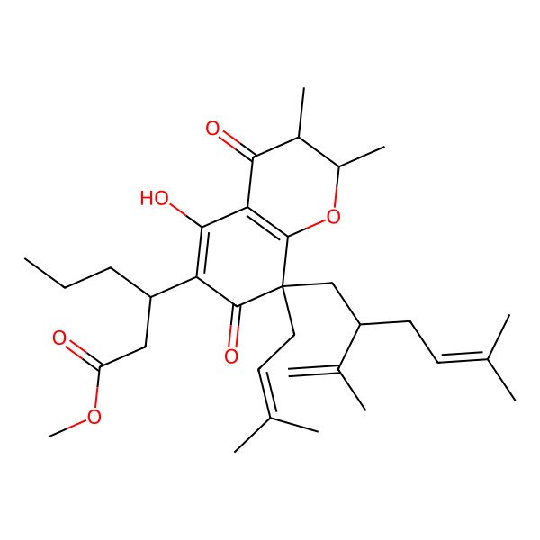 2D Structure of methyl (3S)-3-[(2R,3R,8S)-5-hydroxy-2,3-dimethyl-8-(3-methylbut-2-enyl)-8-[(2R)-5-methyl-2-prop-1-en-2-ylhex-4-enyl]-4,7-dioxo-2,3-dihydrochromen-6-yl]hexanoate