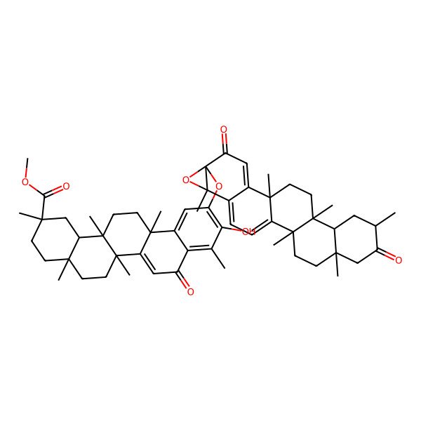 2D Structure of Methyl 11-[(2,5,8,11,14,20-hexamethyl-7,17-dioxo-19-oxahexacyclo[12.9.0.02,11.05,10.015,21.018,20]tricosa-1(23),15,21-trien-18-yl)oxy]-10-hydroxy-2,4a,6a,6a,9,14a-hexamethyl-8-oxo-1,3,4,5,6,13,14,14b-octahydropicene-2-carboxylate
