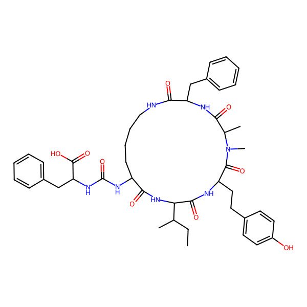 2D Structure of 2-[[3-Benzyl-12-butan-2-yl-9-[2-(4-hydroxyphenyl)ethyl]-6,7-dimethyl-2,5,8,11,14-pentaoxo-1,4,7,10,13-pentazacyclononadec-15-yl]carbamoylamino]-3-phenylpropanoic acid