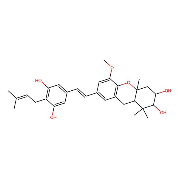2D Structure of 7-[2-[3,5-dihydroxy-4-(3-methylbut-2-enyl)phenyl]ethenyl]-5-methoxy-1,1,4a-trimethyl-3,4,9,9a-tetrahydro-2H-xanthene-2,3-diol