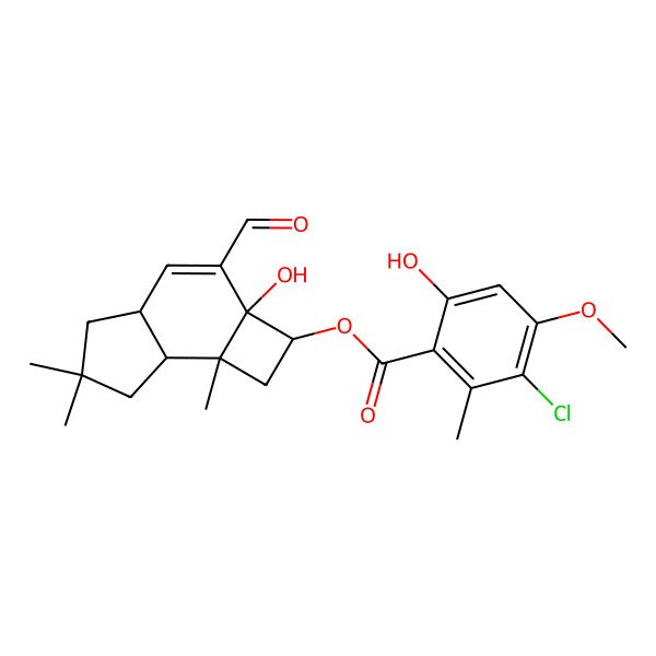 2D Structure of [(2S,2aR,4aS,7aR,7bS)-3-formyl-2a-hydroxy-6,6,7b-trimethyl-1,2,4a,5,7,7a-hexahydrocyclobuta[e]inden-2-yl] 3-chloro-6-hydroxy-4-methoxy-2-methylbenzoate