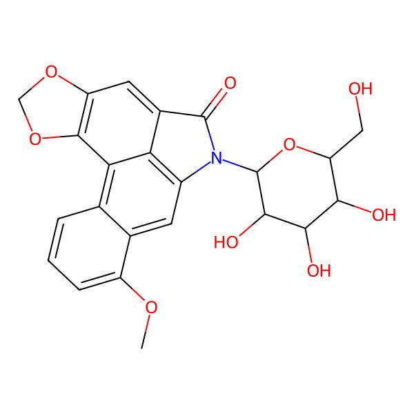 2D Structure of 14-methoxy-10-[(2R,3R,4S,5S,6R)-3,4,5-trihydroxy-6-(hydroxymethyl)oxan-2-yl]-3,5-dioxa-10-azapentacyclo[9.7.1.02,6.08,19.013,18]nonadeca-1(18),2(6),7,11(19),12,14,16-heptaen-9-one