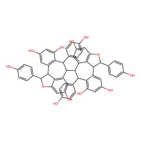 2D Structure of (1S,8S,9S,16S)-8,16-bis(4-hydroxyphenyl)-9-[(1S,8S,9S,16S)-4,6,12-trihydroxy-8,16-bis(4-hydroxyphenyl)-15-oxatetracyclo[8.6.1.02,7.014,17]heptadeca-2(7),3,5,10(17),11,13-hexaen-9-yl]-15-oxatetracyclo[8.6.1.02,7.014,17]heptadeca-2(7),3,5,10(17),11,13-hexaene-4,6,12-triol