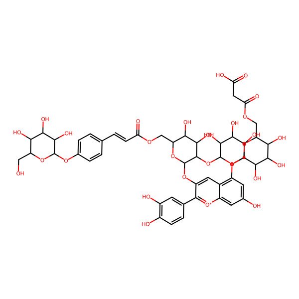 2D Structure of 3-[[(2S,3S,4R,5S,6S)-6-[2-(3,4-dihydroxyphenyl)-3-[(2S,3S,4R,5S,6R)-4,5-dihydroxy-6-[[(E)-3-[4-[(2S,3S,4S,5S,6S)-3,4,5-trihydroxy-6-(hydroxymethyl)oxan-2-yl]oxyphenyl]prop-2-enoyl]oxymethyl]-3-[(2R,3R,4R,5R)-3,4,5-trihydroxyoxan-2-yl]oxyoxan-2-yl]oxy-7-hydroxychromenylium-5-yl]oxy-3,4,5-trihydroxyoxan-2-yl]methoxy]-3-oxopropanoic acid