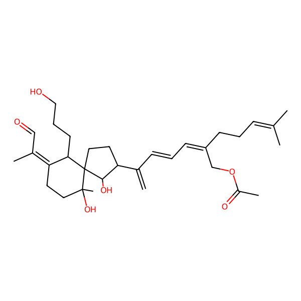 2D Structure of 6-[9-[1-formyl-(Z)-ethylidene]-1,6-dihydroxy-10-(3-hydroxypropyl)-6-methyl-(5S,6S)-spiro[4.5]dec-2-yl]-2-(4-methyl-3-pentenyl)-(2Z,4E)-2,4,6-heptatrienyl acetate