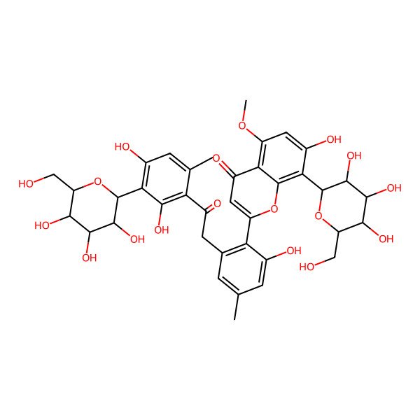 2D Structure of 2-[2-[2-[2,4-dihydroxy-6-methyl-3-[(2S,3R,4R,5S,6R)-3,4,5-trihydroxy-6-(hydroxymethyl)oxan-2-yl]phenyl]-2-oxoethyl]-6-hydroxy-4-methylphenyl]-7-hydroxy-5-methoxy-8-[(2S,3R,4R,5S,6R)-3,4,5-trihydroxy-6-(hydroxymethyl)oxan-2-yl]chromen-4-one