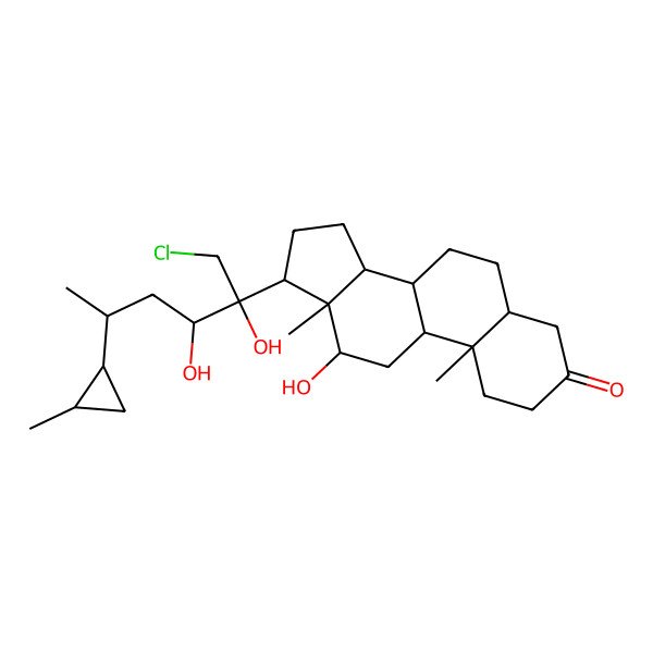 2D Structure of (5S,8R,9S,10S,12R,13S,14S,17S)-17-[(2S,3R,5R)-1-Chloro-2,3-dihydroxy-5-[(1S,2R)-2-methylcyclopropyl]hexan-2-yl]-12-hydroxy-10,13-dimethyl-1,2,4,5,6,7,8,9,11,12,14,15,16,17-tetradecahydrocyclopenta[a]phenanthren-3-one