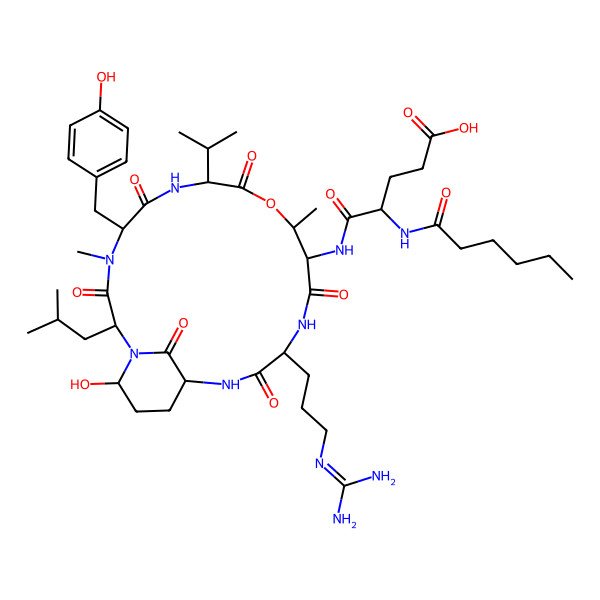 2D Structure of (4S)-5-[[(2S,5S,8S,11R,12S,15S,18S,21R)-15-[3-(diaminomethylideneamino)propyl]-21-hydroxy-5-[(4-hydroxyphenyl)methyl]-4,11-dimethyl-2-(2-methylpropyl)-3,6,9,13,16,22-hexaoxo-8-propan-2-yl-10-oxa-1,4,7,14,17-pentazabicyclo[16.3.1]docosan-12-yl]amino]-4-(hexanoylamino)-5-oxopentanoic acid