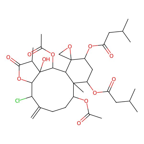 2D Structure of [2,12-Diacetyloxy-8-chloro-3-hydroxy-4,13-dimethyl-16-(3-methylbutanoyloxy)-9-methylidene-5-oxospiro[6-oxatricyclo[11.4.0.03,7]heptadecane-17,2'-oxirane]-14-yl] 3-methylbutanoate