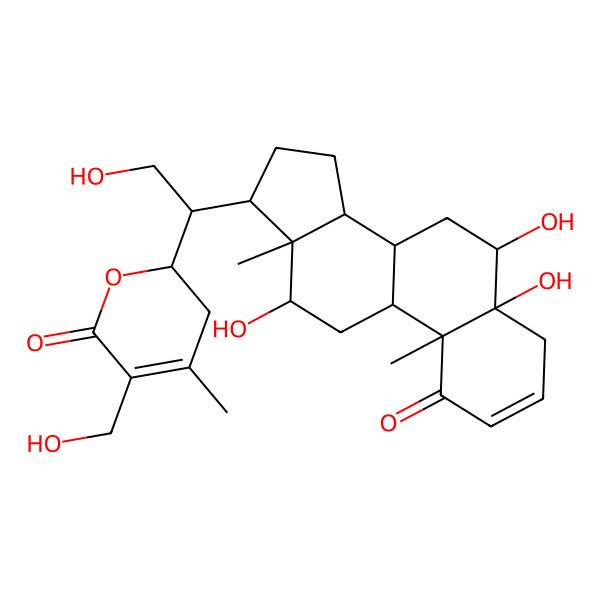 2D Structure of (2R)-5-(hydroxymethyl)-2-[(1R)-2-hydroxy-1-[(5R,6R,8S,9R,10R,12R,13S,14S,17R)-5,6,12-trihydroxy-10,13-dimethyl-1-oxo-6,7,8,9,11,12,14,15,16,17-decahydro-4H-cyclopenta[a]phenanthren-17-yl]ethyl]-4-methyl-2,3-dihydropyran-6-one