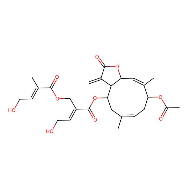 2D Structure of [(3aR,4R,6E,9R,10Z,11aS)-9-acetyloxy-6,10-dimethyl-3-methylidene-2-oxo-3a,4,5,8,9,11a-hexahydrocyclodeca[b]furan-4-yl] (E)-4-hydroxy-2-[[(E)-4-hydroxy-2-methylbut-2-enoyl]oxymethyl]but-2-enoate