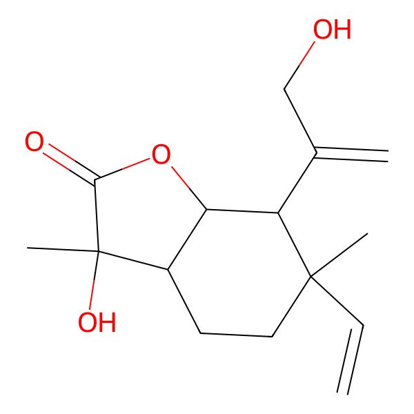 2D Structure of (3R,3aR,6S,7R,7aS)-6-ethenyl-3-hydroxy-7-(3-hydroxyprop-1-en-2-yl)-3,6-dimethyl-4,5,7,7a-tetrahydro-3aH-1-benzofuran-2-one