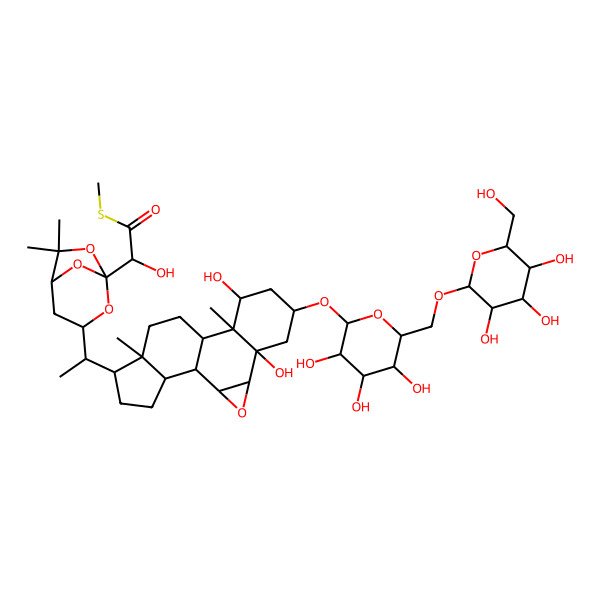 2D Structure of S-methyl (2S)-2-[(3R,5R)-3-[(1S)-1-[(1S,2S,4S,5R,7S,9S,10S,11S,14R,15R,18S)-5,9-dihydroxy-10,14-dimethyl-7-[(2R,3R,4S,5S,6R)-3,4,5-trihydroxy-6-[[(2R,3R,4S,5S,6R)-3,4,5-trihydroxy-6-(hydroxymethyl)oxan-2-yl]oxymethyl]oxan-2-yl]oxy-3-oxapentacyclo[9.7.0.02,4.05,10.014,18]octadecan-15-yl]ethyl]-6,6-dimethyl-2,7,8-trioxabicyclo[3.2.1]octan-1-yl]-2-hydroxyethanethioate