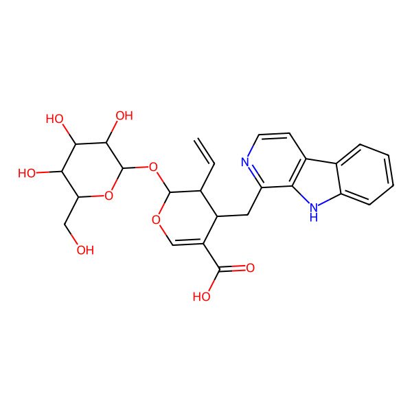 2D Structure of (2S,3R,4S)-3-ethenyl-4-(9H-pyrido[3,4-b]indol-1-ylmethyl)-2-[(2R,3S,4R,5R,6S)-3,4,5-trihydroxy-6-(hydroxymethyl)oxan-2-yl]oxy-3,4-dihydro-2H-pyran-5-carboxylic acid