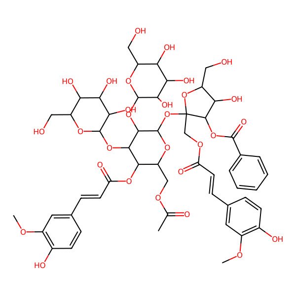 2D Structure of [2-[6-(Acetyloxymethyl)-5-[3-(4-hydroxy-3-methoxyphenyl)prop-2-enoyloxy]-3,4-bis[[3,4,5-trihydroxy-6-(hydroxymethyl)oxan-2-yl]oxy]oxan-2-yl]oxy-4-hydroxy-2-[3-(4-hydroxy-3-methoxyphenyl)prop-2-enoyloxymethyl]-5-(hydroxymethyl)oxolan-3-yl] benzoate