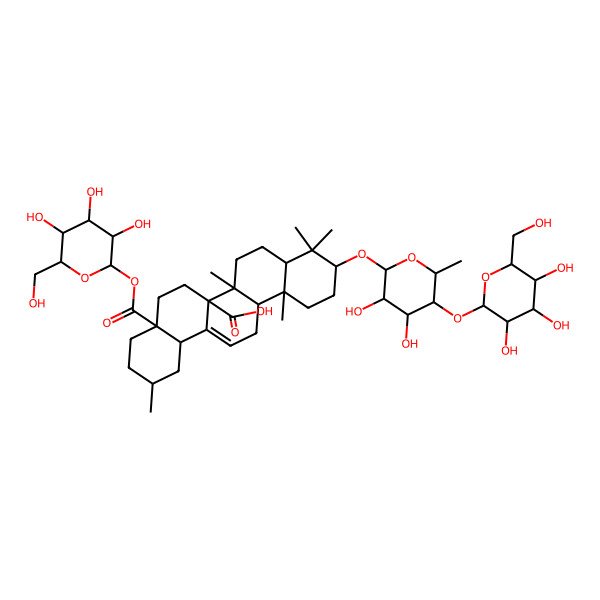 2D Structure of (2R,4aS,6aR,6aR,6bR,8aR,10S,12aR,14bS)-10-[(2R,3R,4S,5R,6S)-3,4-dihydroxy-6-methyl-5-[(2S,3R,4S,5S,6R)-3,4,5-trihydroxy-6-(hydroxymethyl)oxan-2-yl]oxyoxan-2-yl]oxy-2,6b,9,9,12a-pentamethyl-4a-[(2S,3R,4S,5S,6R)-3,4,5-trihydroxy-6-(hydroxymethyl)oxan-2-yl]oxycarbonyl-2,3,4,5,6,6a,7,8,8a,10,11,12,13,14b-tetradecahydro-1H-picene-6a-carboxylic acid