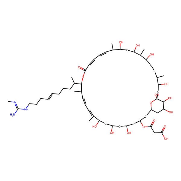 2D Structure of 3-[[5,7,9,23,25,27,31,33,34,35-decahydroxy-10,14,22,26,30-pentamethyl-15-[10-[(N'-methylcarbamimidoyl)amino]dec-6-en-2-yl]-17-oxo-16,37-dioxabicyclo[31.3.1]heptatriaconta-10,12,18,20-tetraen-3-yl]oxy]-3-oxopropanoic acid