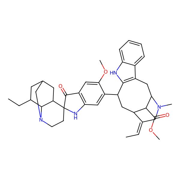 2D Structure of methyl (1S,12R,14S,18S)-15-ethylidene-12-[(1'S,2S,7'R,8'S,9'S)-9'-ethyl-5-methoxy-3-oxospiro[1H-indole-2,6'-3-azatricyclo[5.3.1.03,8]undecane]-6-yl]-17-methyl-10,17-diazatetracyclo[12.3.1.03,11.04,9]octadeca-3(11),4,6,8-tetraene-18-carboxylate