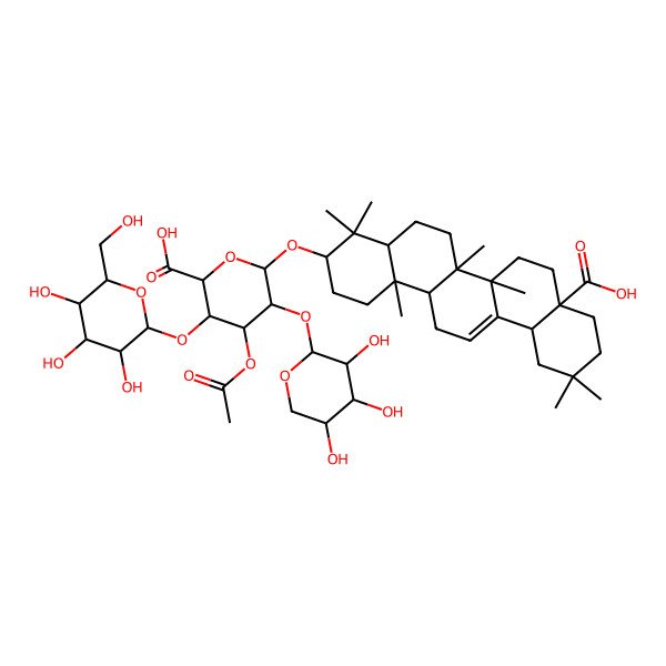 2D Structure of beta-D-Glucopyranosiduronic acid, (3beta)-17-carboxy-28-norolean-12-en-3-yl O-beta-D-glucopyranosyl-(1-->4)-O-[beta-D-xylopyranosyl-(1-->2)]-, 3-acetate