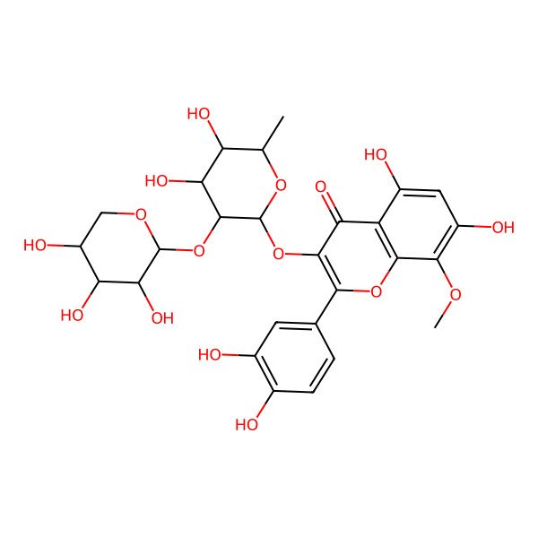 2D Structure of 3-[(2S,3S,4R,5R,6S)-4,5-dihydroxy-6-methyl-3-[(2R,3R,4R,5R)-3,4,5-trihydroxyoxan-2-yl]oxyoxan-2-yl]oxy-2-(3,4-dihydroxyphenyl)-5,7-dihydroxy-8-methoxychromen-4-one