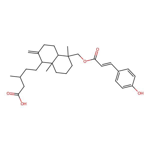 2D Structure of (3S)-5-[(1R,4aS,5S,8aS)-5-[[(E)-3-(4-hydroxyphenyl)prop-2-enoyl]oxymethyl]-5,8a-dimethyl-2-methylidene-3,4,4a,6,7,8-hexahydro-1H-naphthalen-1-yl]-3-methylpentanoic acid