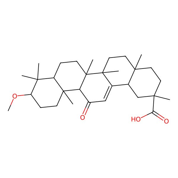 2D Structure of (2R,4aR,6aS,6aS,6bR,8aR,10S,12aR,14bS)-10-methoxy-2,4a,6a,6b,9,9,12a-heptamethyl-13-oxo-3,4,5,6,6a,7,8,8a,10,11,12,14b-dodecahydro-1H-picene-2-carboxylic acid