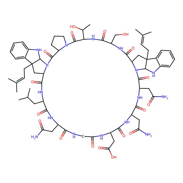 2D Structure of 2-[28,31,40-Tris(2-amino-2-oxoethyl)-9-(1-hydroxyethyl)-12-(hydroxymethyl)-17,48-bis(3-methylbut-2-enyl)-43-(2-methylpropyl)-2,8,11,14,27,30,33,36,39,42,45-undecaoxo-1,7,10,13,24,26,29,32,35,38,41,44,55-tridecazaoctacyclo[44.10.0.03,7.015,26.017,25.018,23.048,56.049,54]hexapentaconta-18,20,22,49,51,53-hexaen-34-yl]acetic acid
