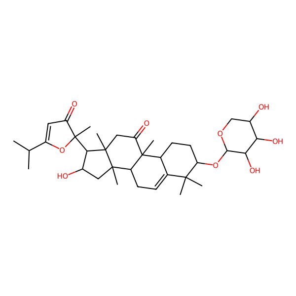 2D Structure of (2R)-2-[(3R,8S,9R,10R,13R,14S,16R,17R)-16-hydroxy-4,4,9,13,14-pentamethyl-11-oxo-3-[(2S,3R,4S,5R)-3,4,5-trihydroxyoxan-2-yl]oxy-1,2,3,7,8,10,12,15,16,17-decahydrocyclopenta[a]phenanthren-17-yl]-2-methyl-5-propan-2-ylfuran-3-one