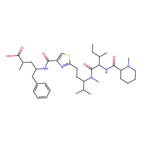 2D Structure of 2-Methyl-4-[[2-[4-methyl-3-[methyl-[3-methyl-2-[(1-methylpiperidine-2-carbonyl)amino]pentanoyl]amino]pentyl]-1,3-thiazole-4-carbonyl]amino]-5-phenylpentanoic acid