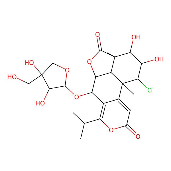 2D Structure of (1S,8R,9S,12R,13R,14R,15R,16S)-15-chloro-8-[(2S,3R,4R)-3,4-dihydroxy-4-(hydroxymethyl)oxolan-2-yl]oxy-13,14-dihydroxy-1,12-dimethyl-6-propan-2-yl-5,10-dioxatetracyclo[7.6.1.02,7.012,16]hexadeca-2,6-diene-4,11-dione