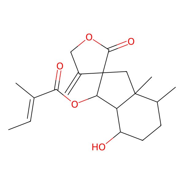 2D Structure of (7-hydroxy-3a,4-dimethyl-4'-methylidene-2'-oxospiro[3,4,5,6,7,7a-hexahydro-1H-indene-2,3'-oxolane]-1-yl) 2-methylbut-2-enoate