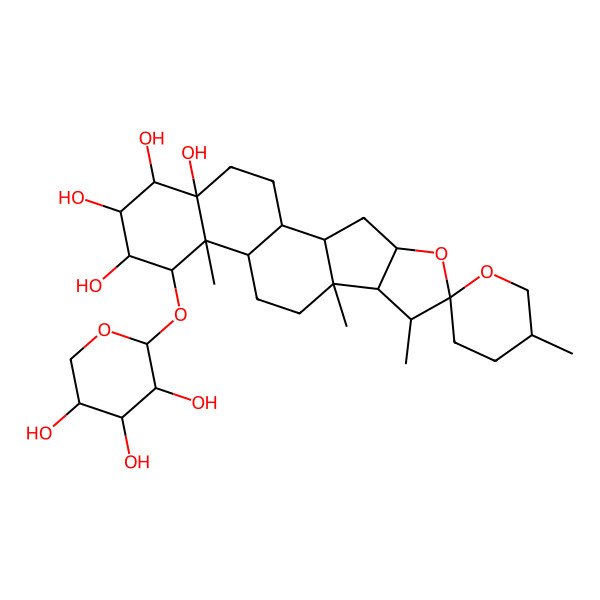 2D Structure of (1S,2S,4S,5'R,6R,7S,8R,9S,12S,13S,14S,15R,16S,17S,18R)-5',7,9,13-tetramethyl-14-[(2S,3R,4S,5R)-3,4,5-trihydroxyoxan-2-yl]oxyspiro[5-oxapentacyclo[10.8.0.02,9.04,8.013,18]icosane-6,2'-oxane]-15,16,17,18-tetrol