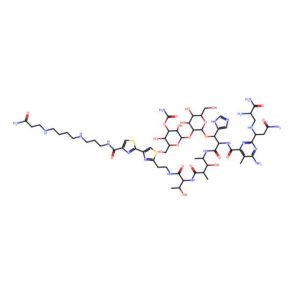 2D Structure of [2-[2-[2-[[6-amino-2-[3-amino-1-[(2,3-diamino-3-oxopropyl)amino]-3-oxopropyl]-5-methylpyrimidine-4-carbonyl]amino]-3-[[5-[[1-[2-[4-[4-[3-[4-[(3-amino-3-oxopropyl)amino]butylamino]propylcarbamoyl]-1,3-thiazol-2-yl]-1,3-thiazol-2-yl]ethylamino]-3-hydroxy-1-oxobutan-2-yl]amino]-3-hydroxy-4-methyl-5-oxopentan-2-yl]amino]-1-(1H-imidazol-5-yl)-3-oxopropoxy]-4,5-dihydroxy-6-(hydroxymethyl)oxan-3-yl]oxy-3,5-dihydroxy-6-(hydroxymethyl)oxan-4-yl] carbamate