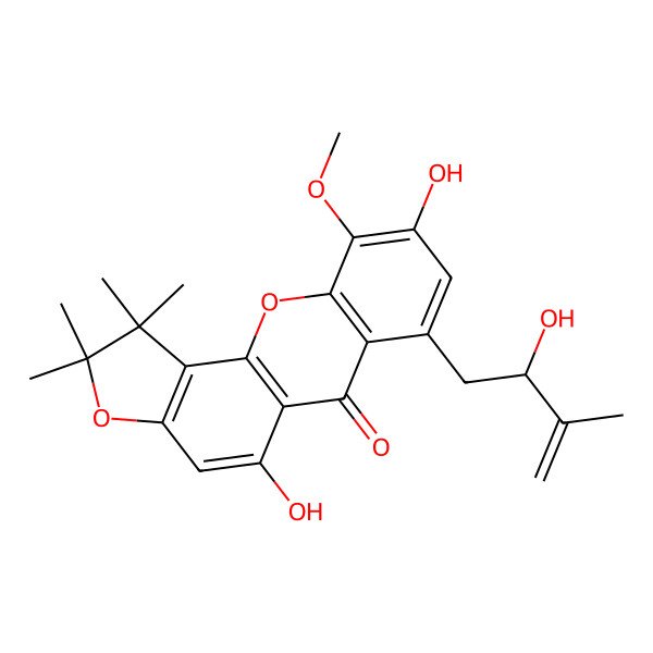 2D Structure of 5,9-dihydroxy-7-[(2S)-2-hydroxy-3-methylbut-3-enyl]-10-methoxy-1,1,2,2-tetramethylfuro[2,3-c]xanthen-6-one