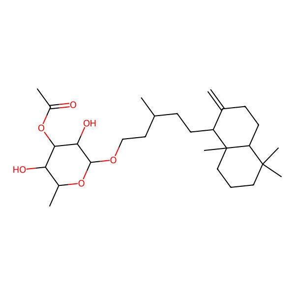 2D Structure of [(2R,3R,4R,5S,6S)-2-[(3S)-5-[(1R,4aR,8aR)-5,5,8a-trimethyl-2-methylidene-3,4,4a,6,7,8-hexahydro-1H-naphthalen-1-yl]-3-methylpentoxy]-3,5-dihydroxy-6-methyloxan-4-yl] acetate
