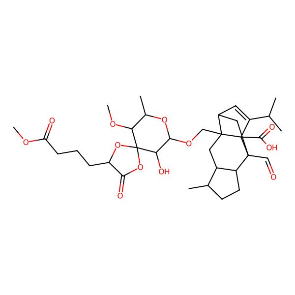 2D Structure of 9-Formyl-2-[[10-hydroxy-6-methoxy-2-(4-methoxy-4-oxobutyl)-7-methyl-3-oxo-1,4,8-trioxaspiro[4.5]decan-9-yl]oxymethyl]-5-methyl-13-propan-2-yltetracyclo[7.4.0.02,11.04,8]tridec-12-ene-1-carboxylic acid